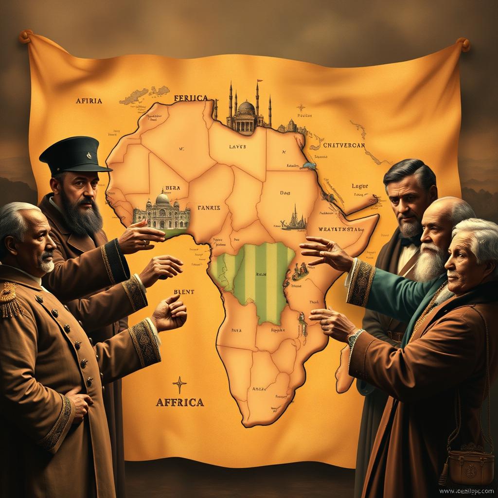 A historical depiction of Africa being divided by the superpowers during the Scramble for Africa in the late 19th century