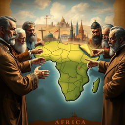 A historical depiction of Africa being divided by the superpowers during the Scramble for Africa in the late 19th century