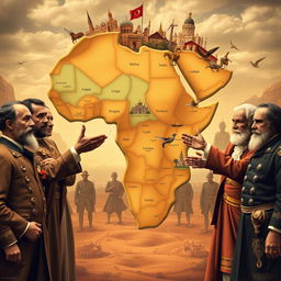 A historical depiction of Africa being divided by the superpowers during the Scramble for Africa in the late 19th century