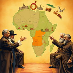 A historical depiction of Africa being divided by the superpowers during the Scramble for Africa in the late 19th century