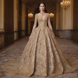 Extravagantly luxurious dress worth a billion embellished with rare gemstones and ornate gold detailing.