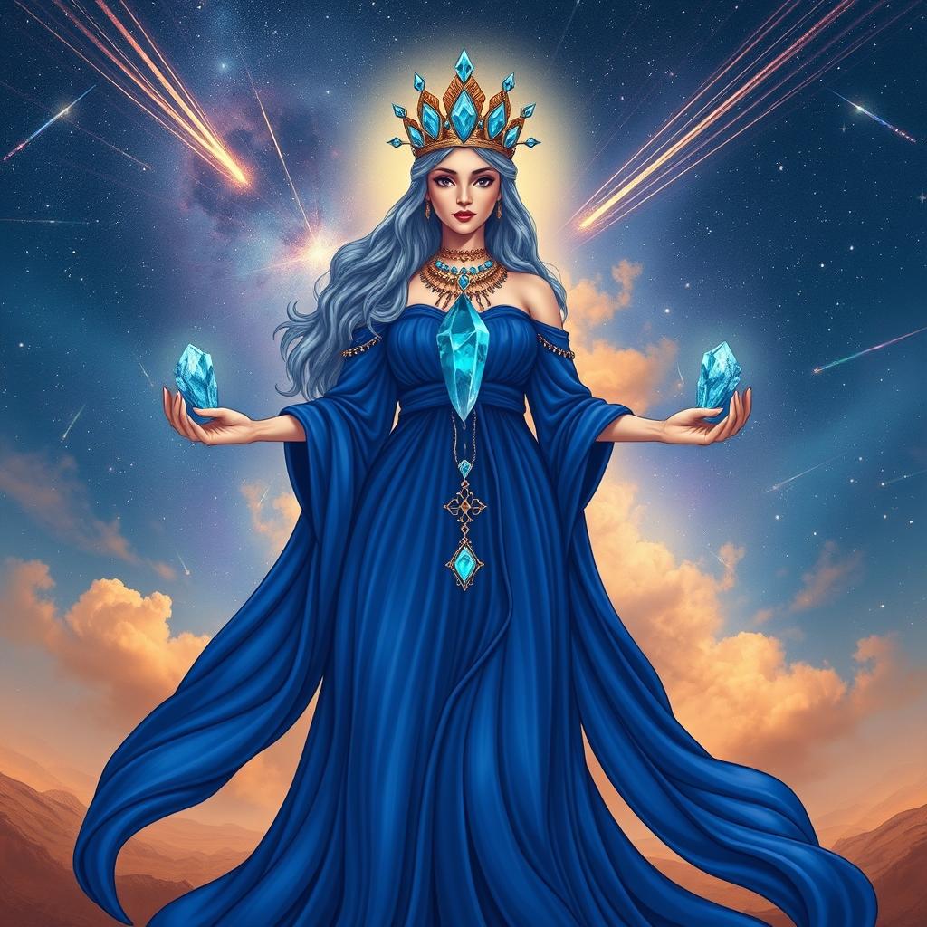 The Goddess of Space is illustrated in a mystical and enchanting art style, adorned in a flowing sapphire blue dress that captures the infinite depths of the cosmos