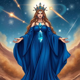 The Goddess of Space is illustrated in a mystical and enchanting art style, adorned in a flowing sapphire blue dress that captures the infinite depths of the cosmos