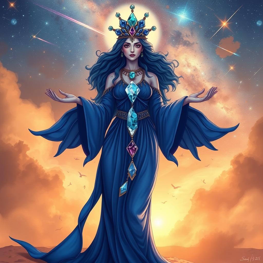 The Goddess of Space is illustrated in a mystical and enchanting art style, adorned in a flowing sapphire blue dress that captures the infinite depths of the cosmos