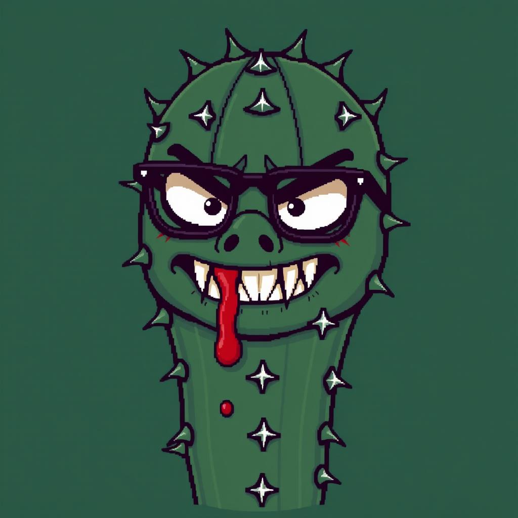 A pixel art illustration of a cactus with a unique personality, featuring stylish glasses and a face adorned with sharp fangs