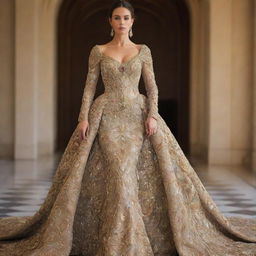 Extravagantly luxurious dress worth a billion embellished with rare gemstones and ornate gold detailing.