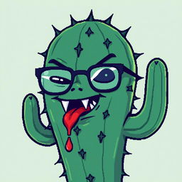 A pixel art illustration of a cactus with a unique personality, featuring stylish glasses and a face adorned with sharp fangs