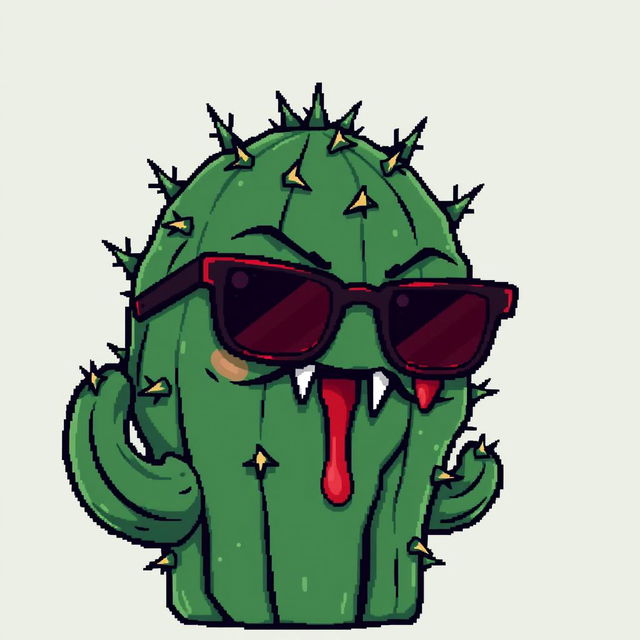 A pixel art illustration of a cactus with a unique personality, featuring stylish glasses and a face adorned with sharp fangs