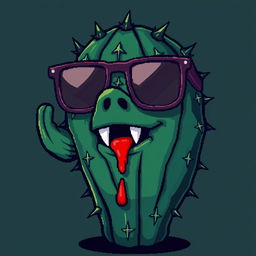 A pixel art illustration of a cactus with a unique personality, featuring stylish glasses and a face adorned with sharp fangs