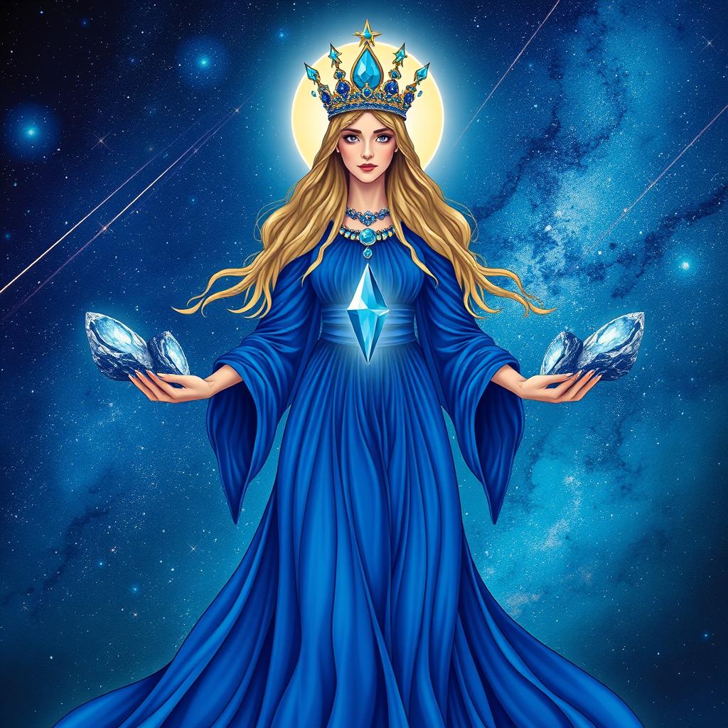 The Goddess of Space is illustrated in a mystical and enchanting art style, adorned in a flowing sapphire blue dress that mirrors the vast expanse of the universe