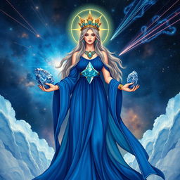 The Goddess of Space is illustrated in a mystical and enchanting art style, adorned in a flowing sapphire blue dress that mirrors the vast expanse of the universe