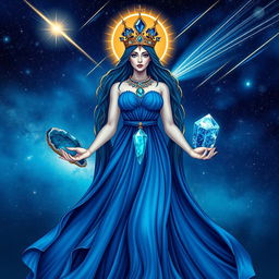 The Goddess of Space is illustrated in a mystical and enchanting art style, adorned in a flowing sapphire blue dress that mirrors the vast expanse of the universe