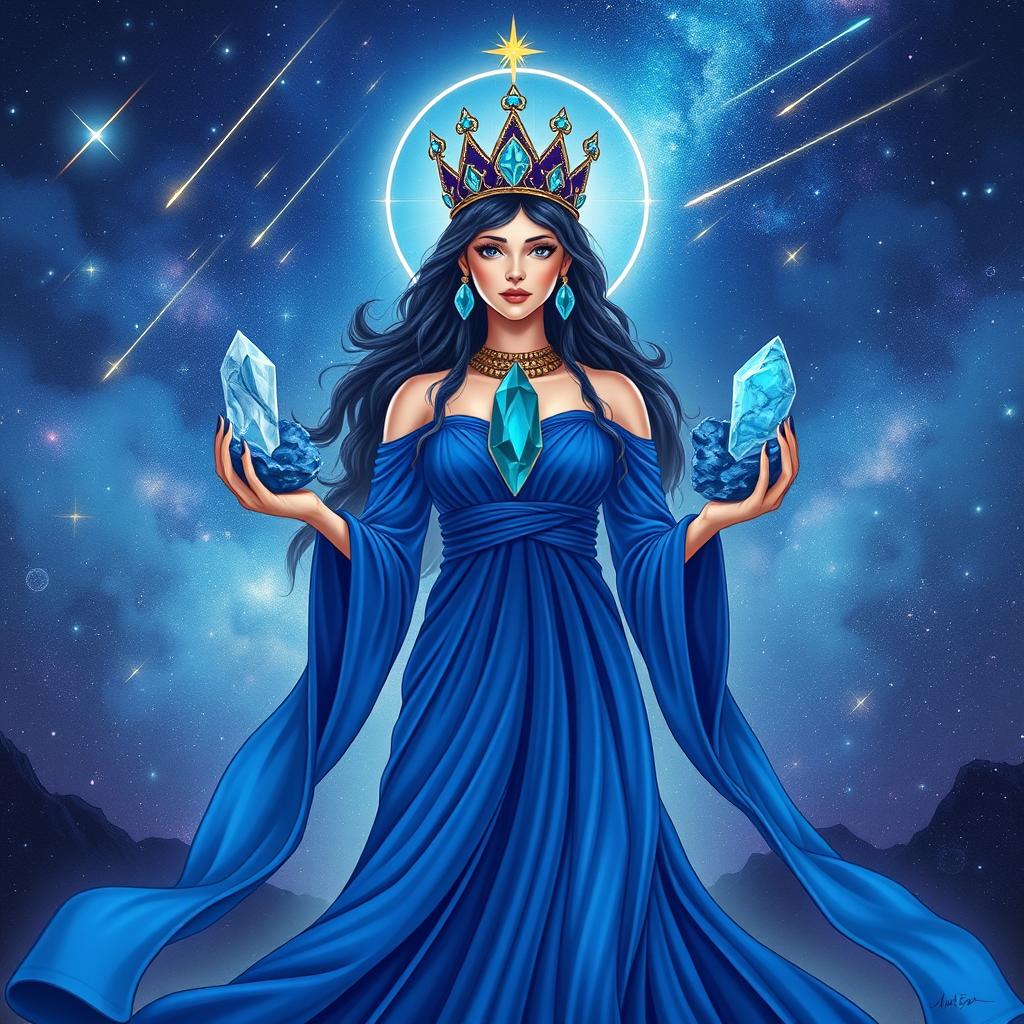 The Goddess of Space is illustrated in a mystical and enchanting art style, adorned in a flowing sapphire blue dress that mirrors the vast expanse of the universe