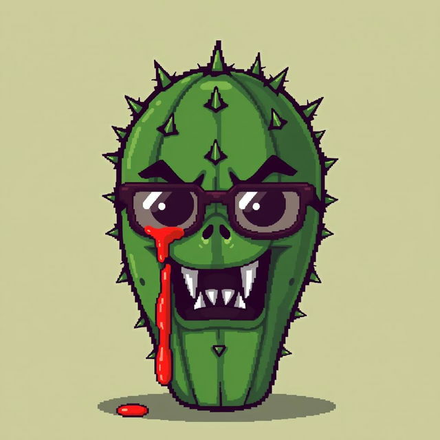 A pixel art creation featuring a cactus with an expressive face, wearing stylish glasses and displaying sharp fangs