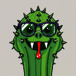 A pixel art creation featuring a cactus with an expressive face, wearing stylish glasses and displaying sharp fangs