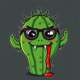 A pixel art creation featuring a cactus with an expressive face, wearing stylish glasses and displaying sharp fangs