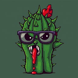 A pixel art creation featuring a cactus with an expressive face, wearing stylish glasses and displaying sharp fangs