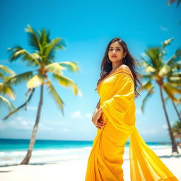 A stunning woman in a vibrant yellow saree, exuding elegance and allure on a pristine beach