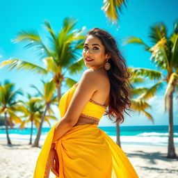 A stunning woman in a vibrant yellow saree, exuding elegance and allure on a pristine beach