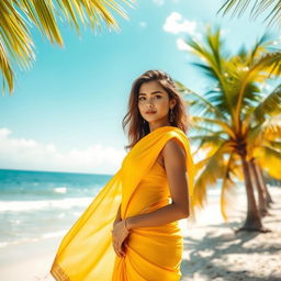 A stunning woman in a vibrant yellow saree, exuding elegance and allure on a pristine beach