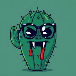 A pixel art depiction of a cactus with a distinctive personality, featuring chic glasses and a face that showcases prominent fangs