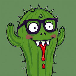 A pixel art depiction of a cactus with a distinctive personality, featuring chic glasses and a face that showcases prominent fangs