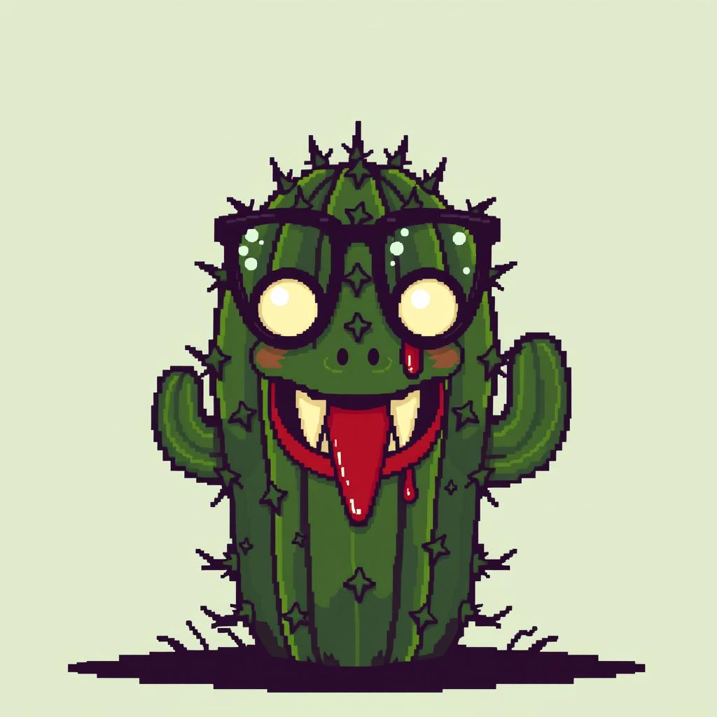 A pixel art depiction of a cactus with a distinctive personality, featuring chic glasses and a face that showcases prominent fangs