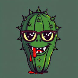 A pixel art depiction of a cactus with a distinctive personality, featuring chic glasses and a face that showcases prominent fangs