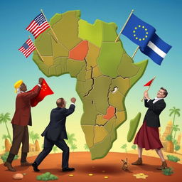 Illustration of the African continent being metaphorically divided by superpowers