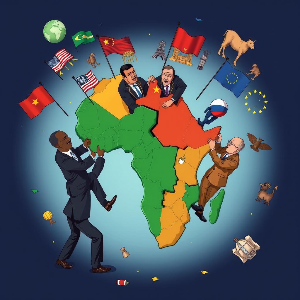 Illustration of the African continent being metaphorically divided by superpowers