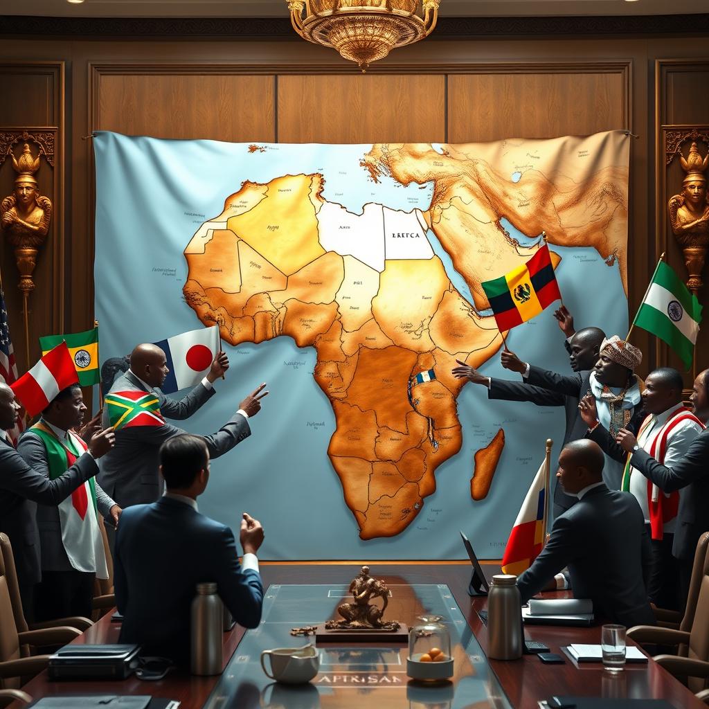 A hyper-realistic depiction of Africa being divided by superpowers