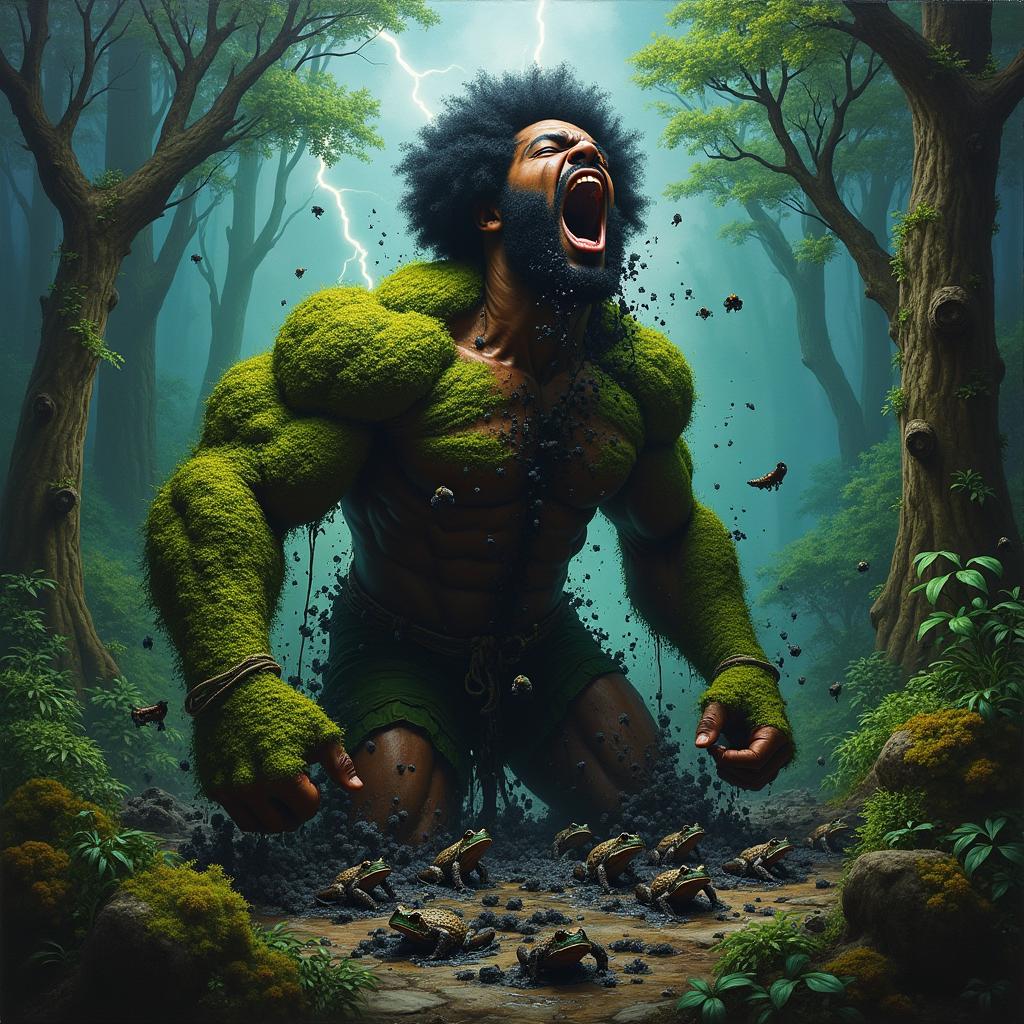 A polished, finished oil-based painting depicting a full-body, macro, extremely up-close view of an epic, enraged, and gorgeously ferocious muscular black-skinned man with a bold afro