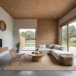 An interior view of a modern house beautifully styled with straw elements, showcasing a unique blend of minimalist modern design and rustic charm.