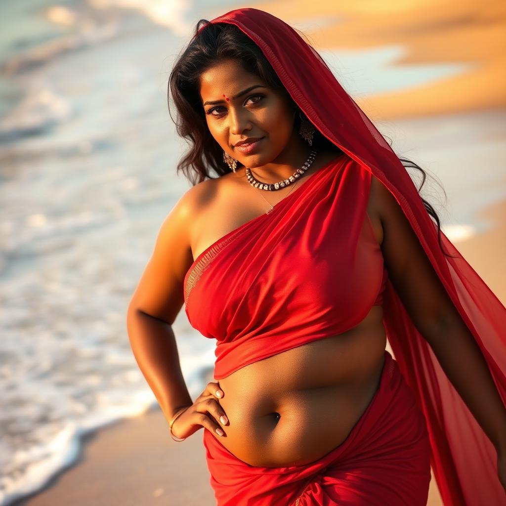 A voluptuous Indian woman on a beach, her skin glowing under the sun