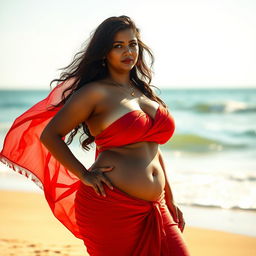 A voluptuous Indian woman on a beach, her skin glowing under the sun