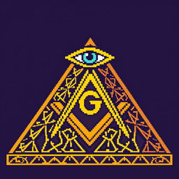 A pixel art depiction of a Masonic pyramid, characterized by intricate geometric patterns