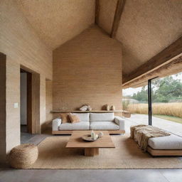 An interior view of a modern house beautifully styled with straw elements, showcasing a unique blend of minimalist modern design and rustic charm.