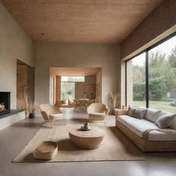 An interior view of a modern house beautifully styled with straw elements, showcasing a unique blend of minimalist modern design and rustic charm.