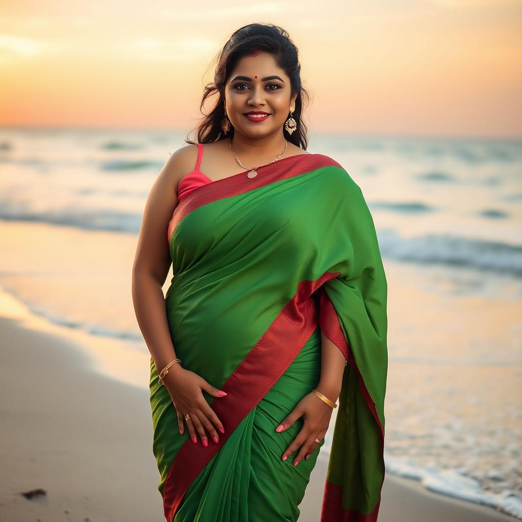 A voluptuous and beautiful Indian woman with large breasts, wearing a vibrant green saree with a hint of red, standing on a beach