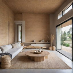 An interior view of a modern house beautifully styled with straw elements, showcasing a unique blend of minimalist modern design and rustic charm.