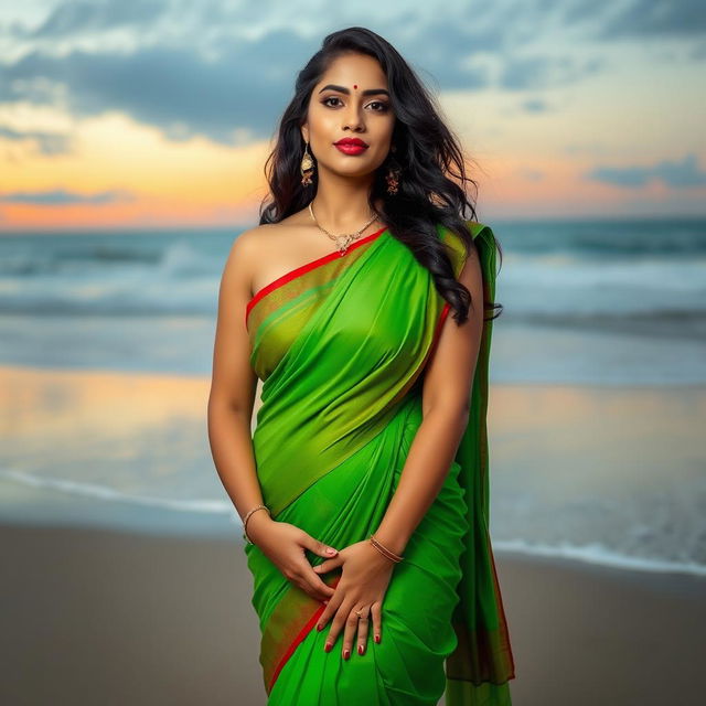 A voluptuous and beautiful Indian woman with large breasts, wearing a vibrant green saree with a hint of red, standing on a beach