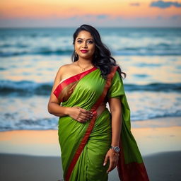 A voluptuous and beautiful Indian woman with large breasts, wearing a vibrant green saree with a hint of red, standing on a beach