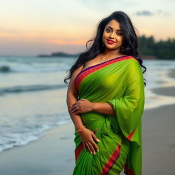 A voluptuous and beautiful Indian woman with large breasts, wearing a vibrant green saree with a hint of red, standing on a beach