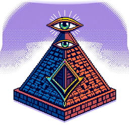 A pixel art illustration of a Masonic pyramid topped with an all-seeing eye