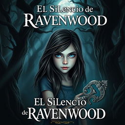 A mysterious book cover for 'El Silencio de Ravenwood', featuring a brunette girl with light blue eyes