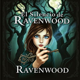 A mysterious book cover for 'El Silencio de Ravenwood', featuring a brunette girl with light blue eyes