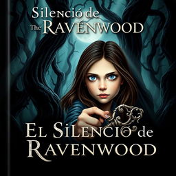 A mysterious book cover for 'El Silencio de Ravenwood', featuring a brunette girl with light blue eyes