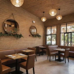 A scene showcasing an authentically Lebanese restaurant with a sophisticated blend of modern and rustic straw-covered interior, creating a distinctive warm ambience.