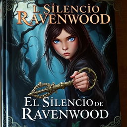 A mysterious book cover for 'El Silencio de Ravenwood', featuring a brunette girl with light blue eyes