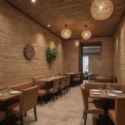 A scene showcasing an authentically Lebanese restaurant with a sophisticated blend of modern and rustic straw-covered interior, creating a distinctive warm ambience.